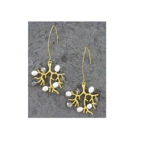 Silver and White Freshwater Pearls on Gold Coral Branch Earrings